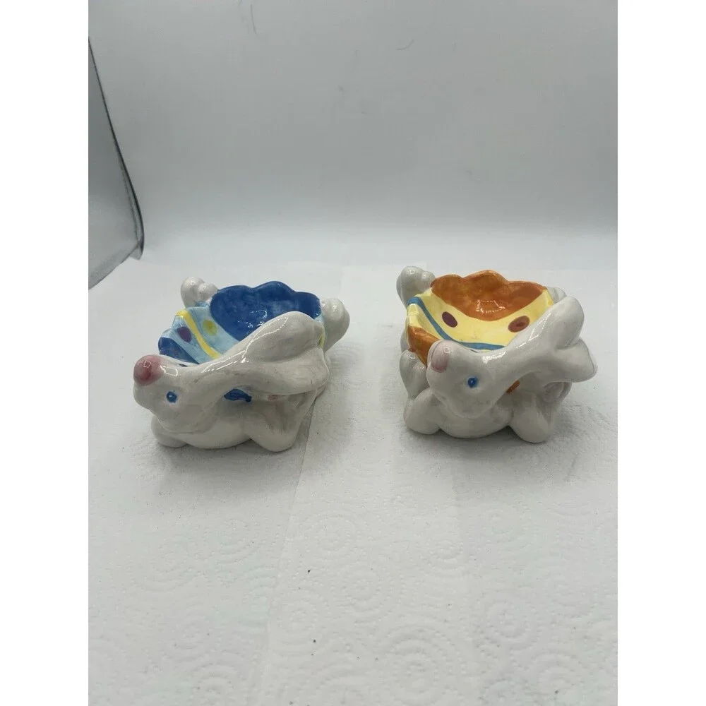 2 Colorful Easter Bunny White Rabbit Ceramic Soap Trinket Dish Tray Easter Egg